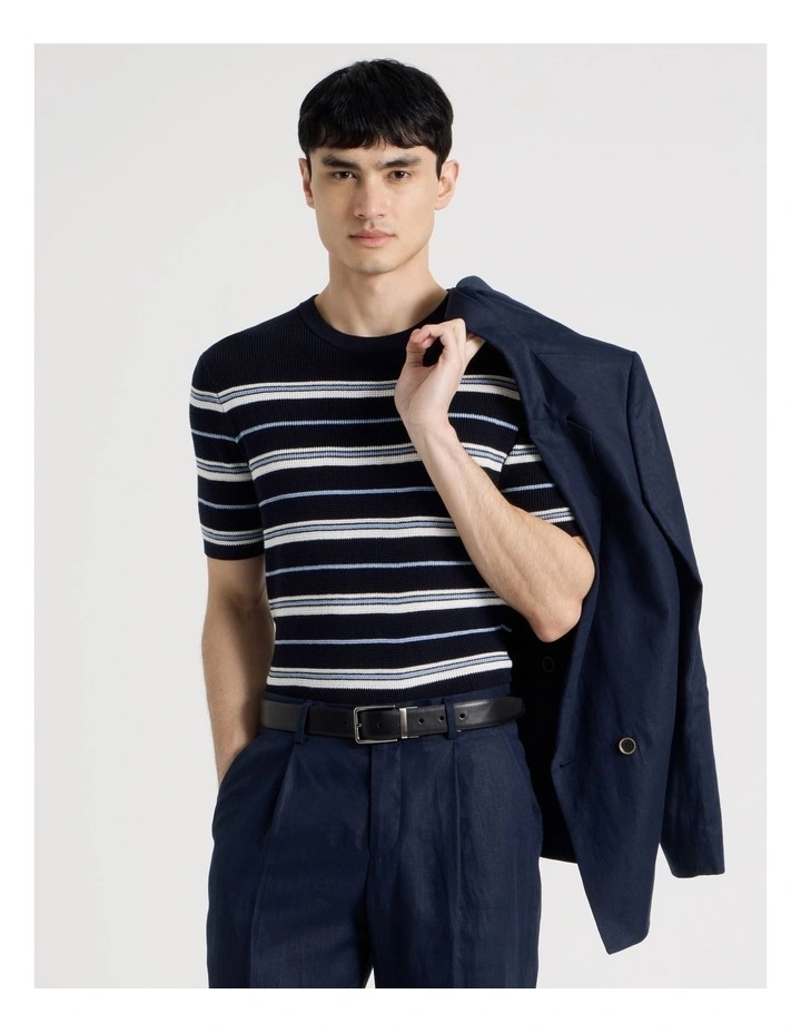 Striped Knit T-Shirt in Navy image 1