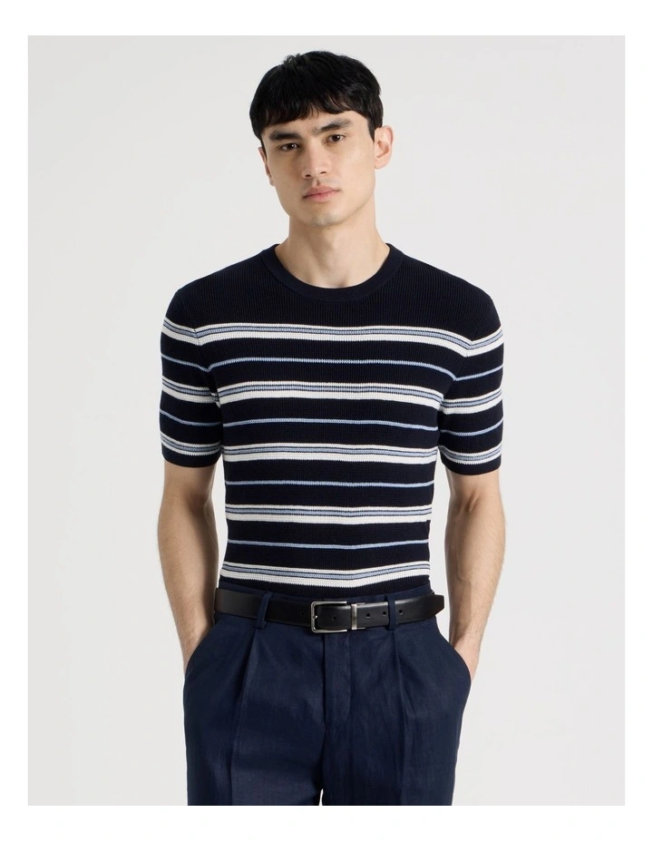 Striped Knit T-Shirt in Navy image 3