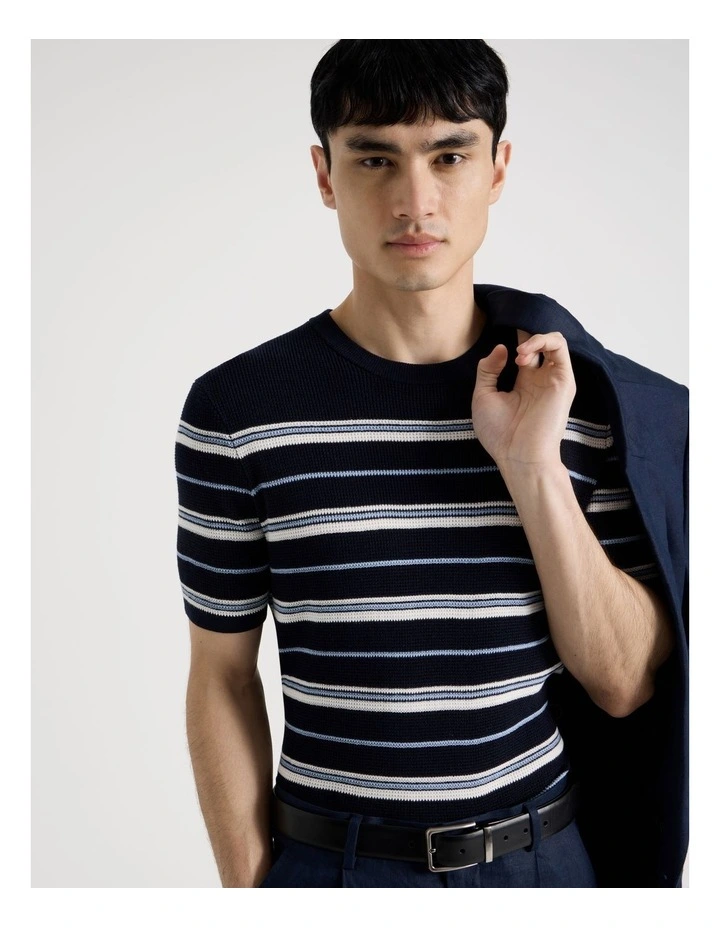 Striped Knit T-Shirt in Navy image 4