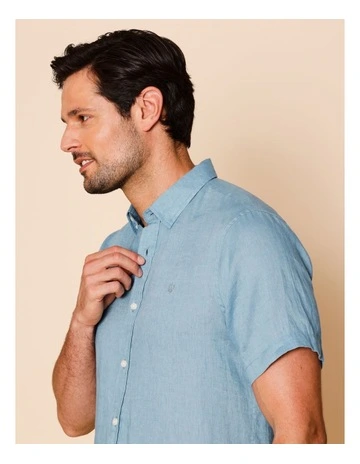 Luca Short Sleeve Linen Shirt in Blue