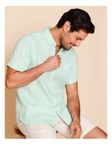 Luca Short Sleeve Linen Shirt in Turquoise