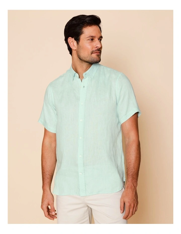 Luca Short Sleeve Linen Shirt in Turquoise image 2