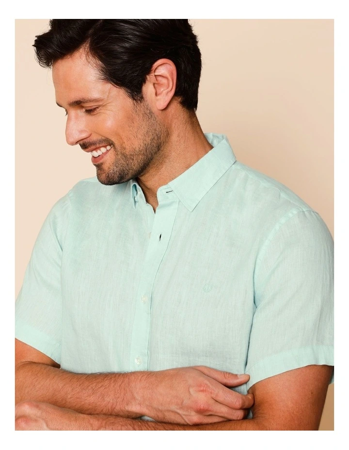 Luca Short Sleeve Linen Shirt in Turquoise image 5
