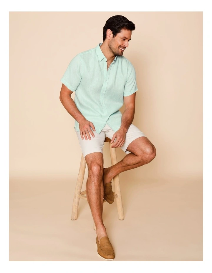 Luca Short Sleeve Linen Shirt in Turquoise image 6