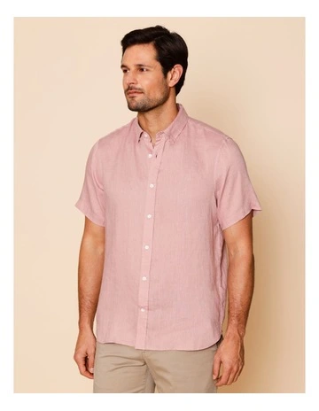 Luca Short Sleeve Linen Shirt in Pink