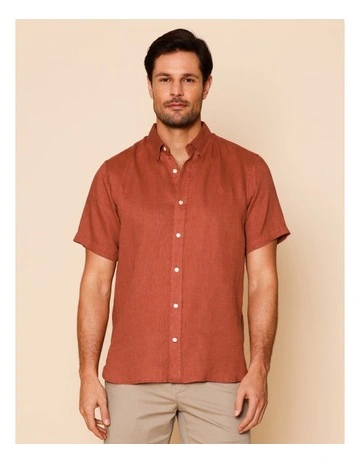 Luca Short Sleeve Linen Shirt in Rust
