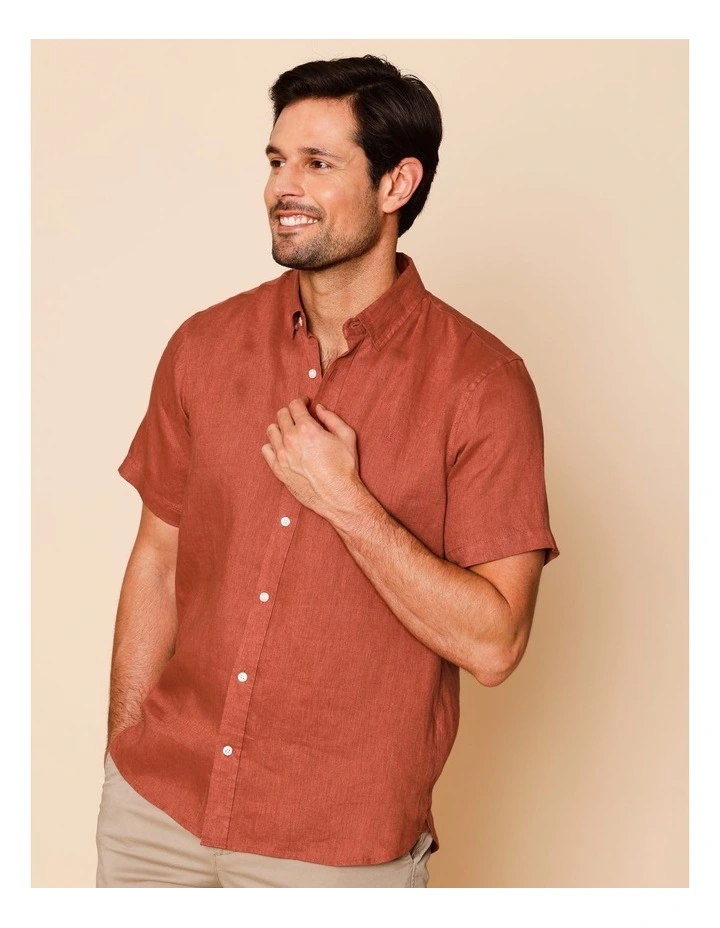 Luca Short Sleeve Linen Shirt in Rust image 3