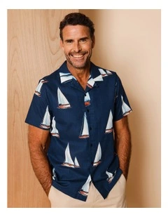 Nino Short Sleeve Nautical Print Shirt in Navy