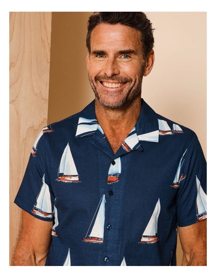 Nino Short Sleeve Nautical Print Shirt in Navy image 3