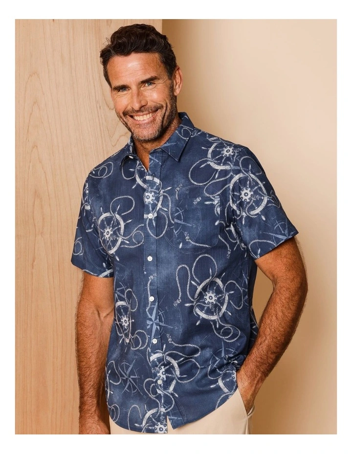 Noel Short Sleeve Nautical Print Shirt in Blue image 4