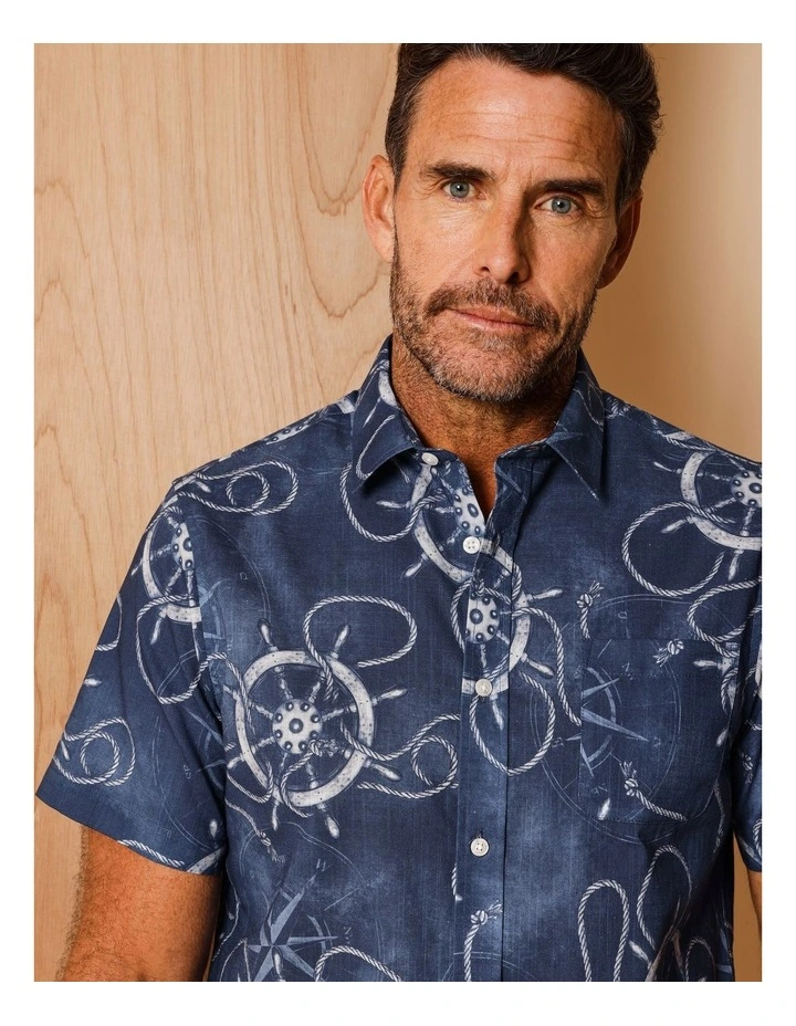 Noel Short Sleeve Nautical Print Shirt in Blue image 5