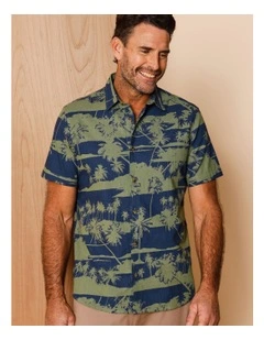 Idris Short Sleeve Island Print Shirt in Khaki
