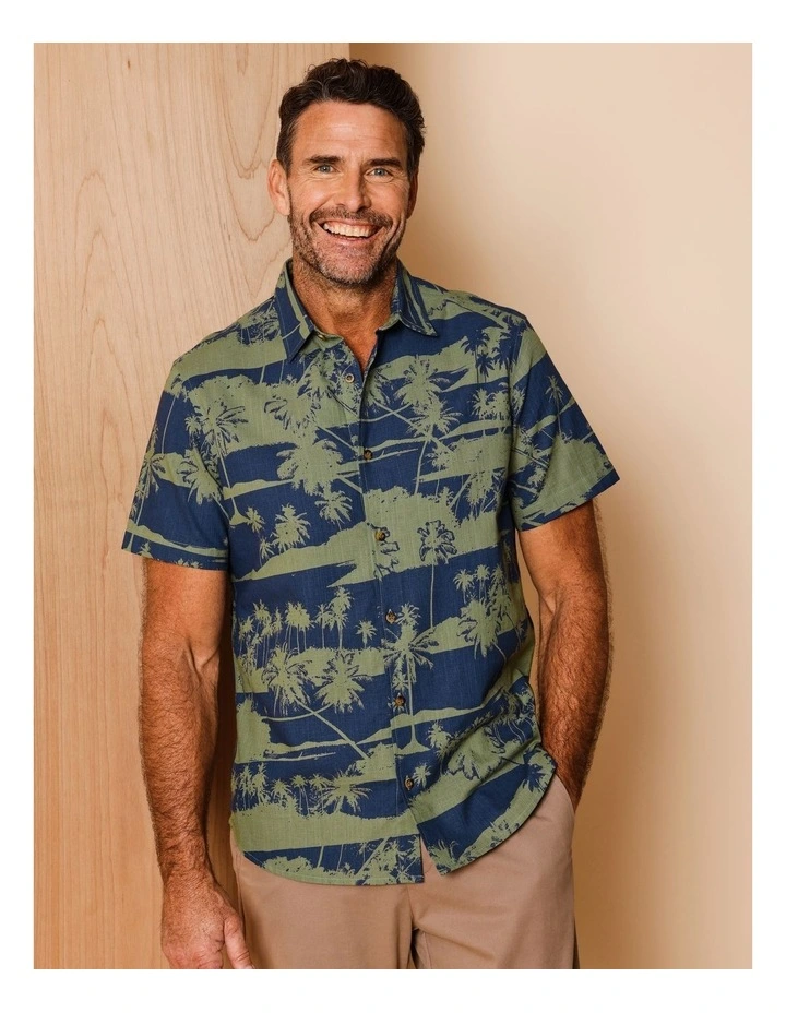 Idris Short Sleeve Island Print Shirt in Khaki image 3