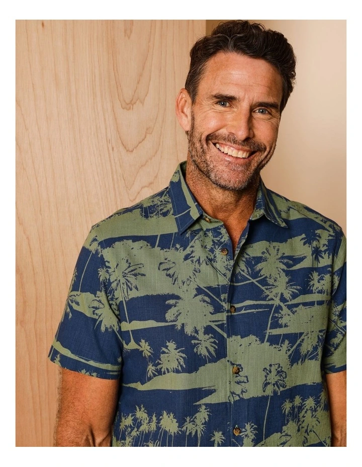 Idris Short Sleeve Island Print Shirt in Khaki image 4
