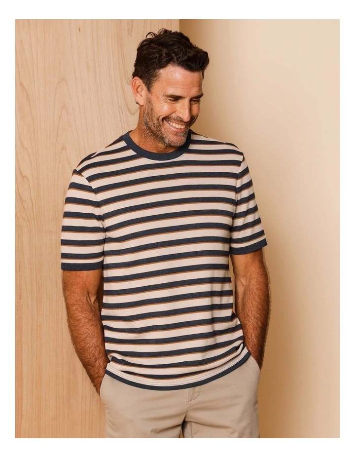 Silas Stripe Pique Textured T-Shirt in Natural image 1