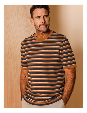 Silas Stripe Pique Textured T-Shirt in Rust