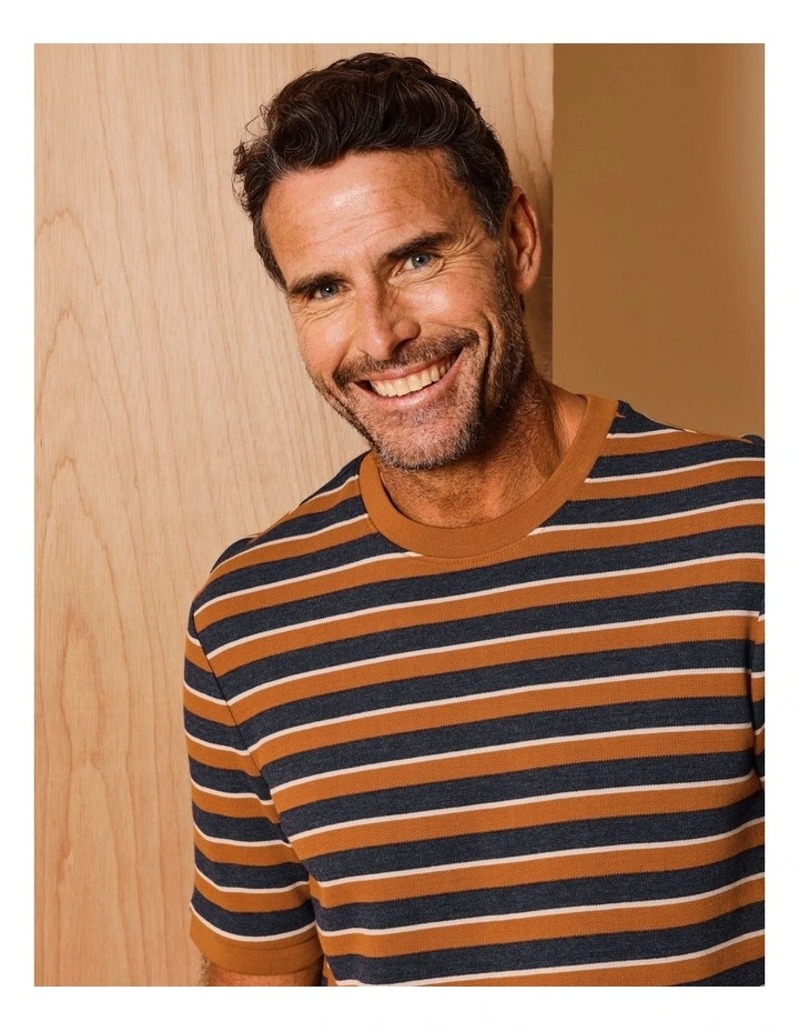 Silas Stripe Pique Textured T-Shirt in Rust image 4