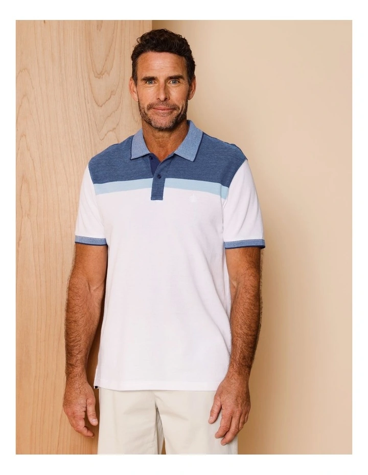 Essential Cooper Birdseye Chest Stripe Polo in White image 1