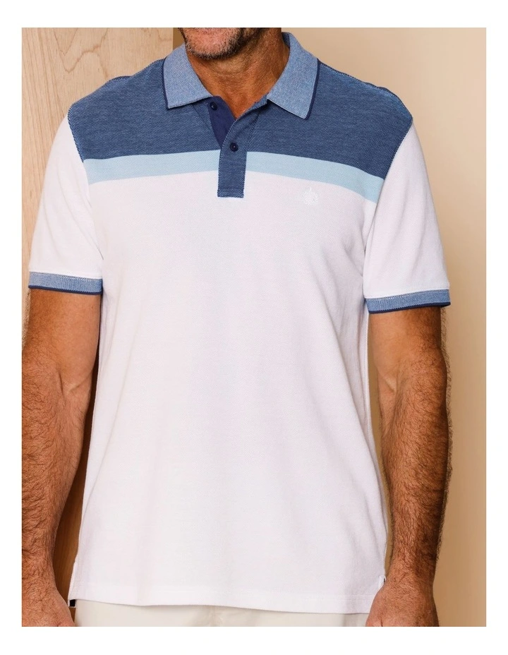 Essential Cooper Birdseye Chest Stripe Polo in White image 3