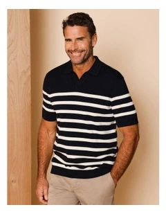 Beau Breton Stripe Knit Polo in Navy