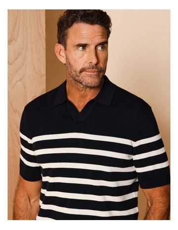 Beau Breton Stripe Knit Polo in Navy