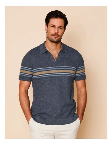 Chance Chest Stripe Knit Polo in Navy