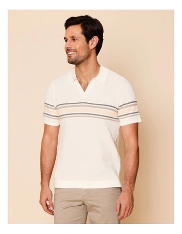 Chance Chest Stripe Knit Polo in Ecru