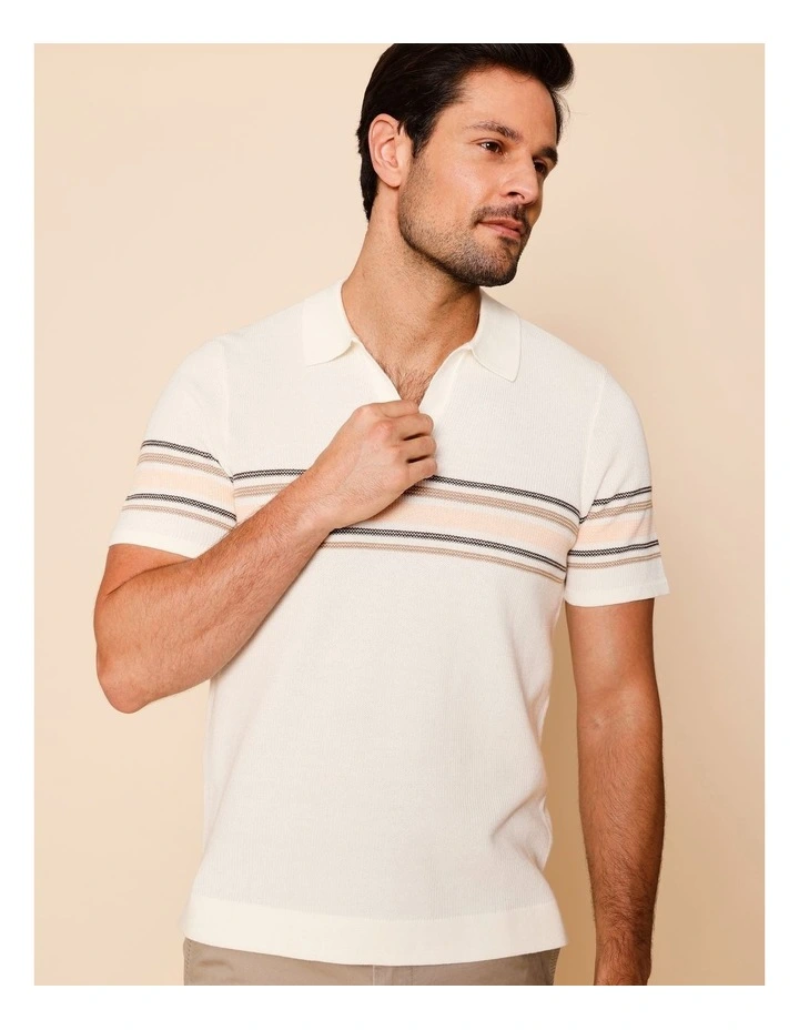 Chance Chest Stripe Knit Polo in Ecru image 3