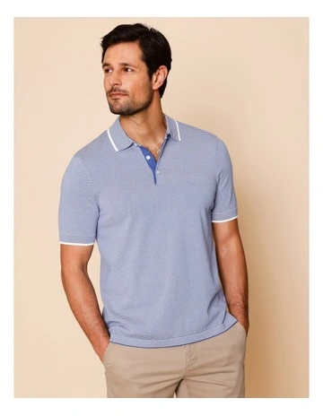 Samuel Knitted Striped Polo in Blue