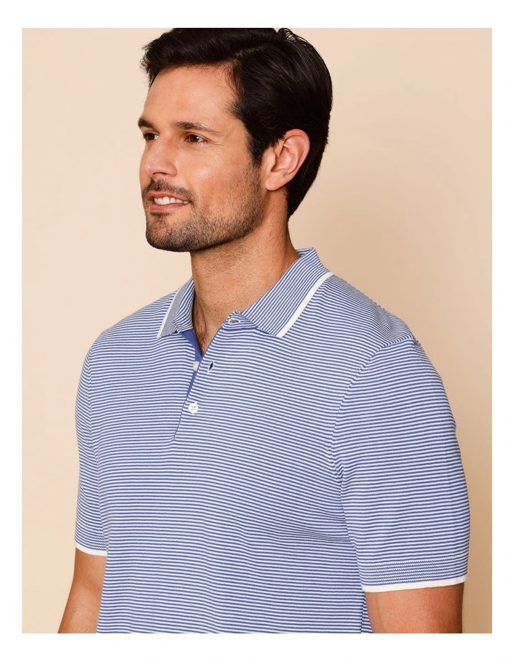 Samuel Knitted Striped Polo in Blue image 3