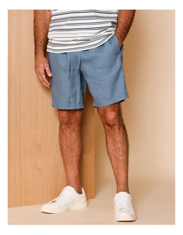 Leon Linen Pull On Shorts in Blue