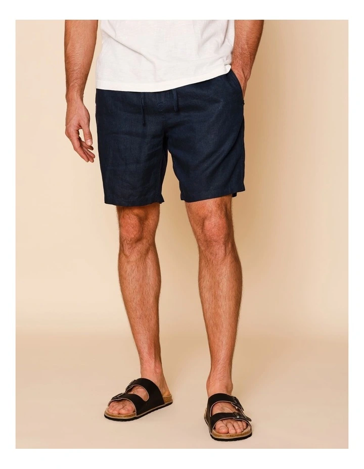 Leon Linen Pull On Shorts in Navy image 2