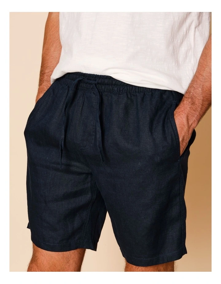 Leon Linen Pull On Shorts in Navy image 3