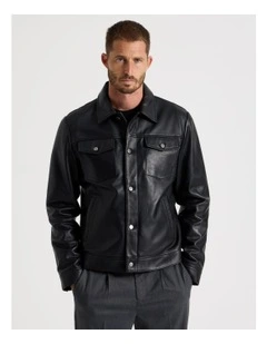 Collared Leather Jacket in Black