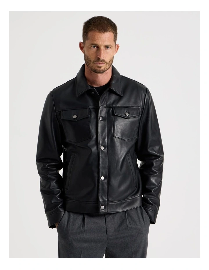 Collared Leather Jacket in Black image 1