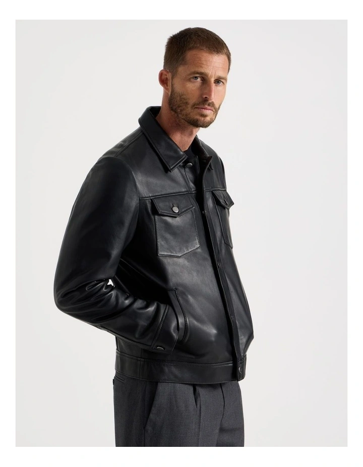 Collared Leather Jacket in Black image 2