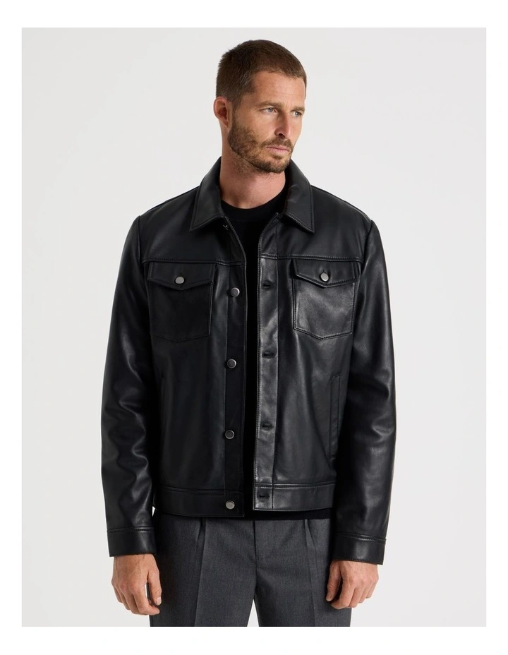 Collared Leather Jacket in Black image 3