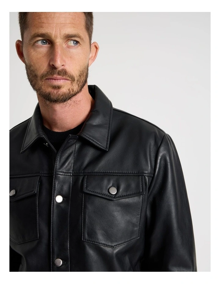 Collared Leather Jacket in Black image 4