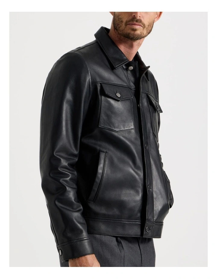 Collared Leather Jacket in Black image 5