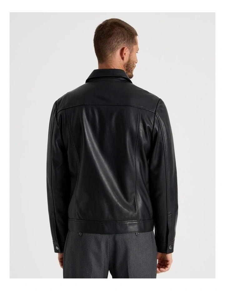 Collared Leather Jacket in Black image 6