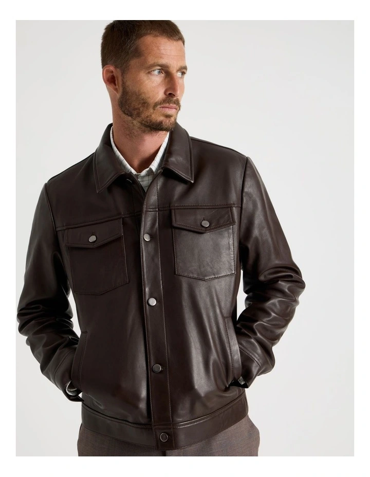 Collared Leather Jacket in Brown image 2
