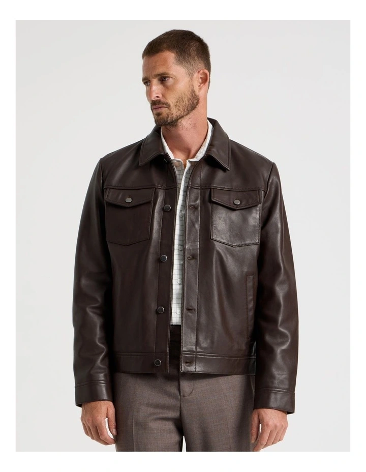 Collared Leather Jacket in Brown image 3