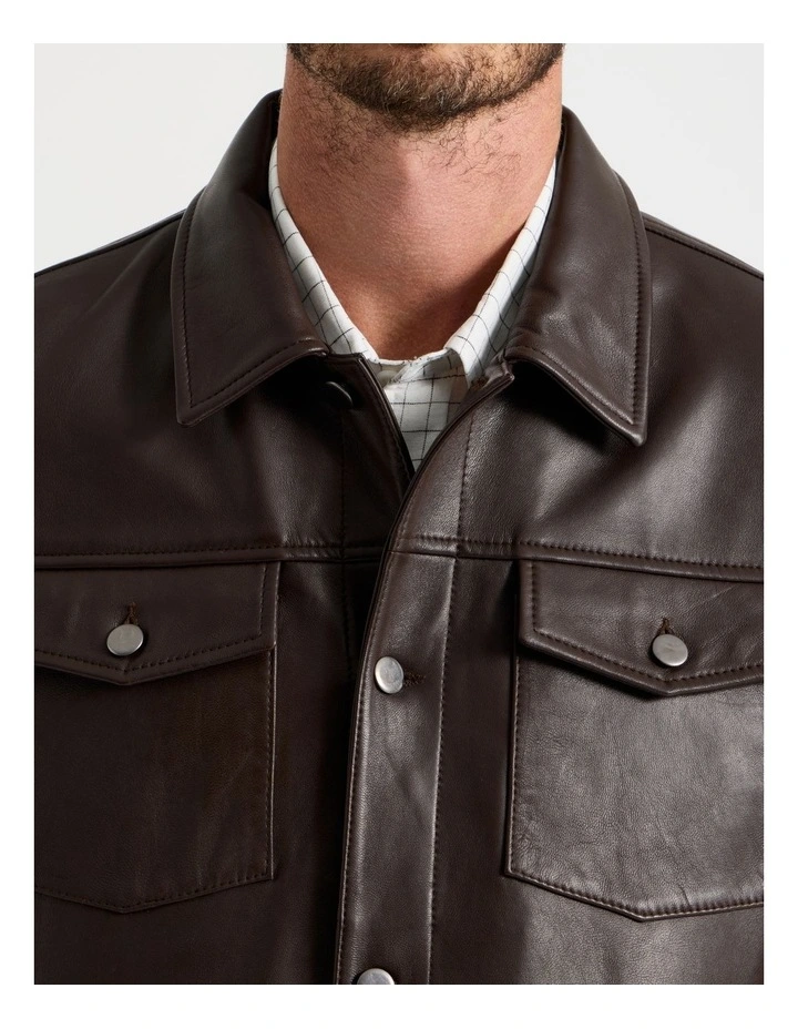 Collared Leather Jacket in Brown image 4