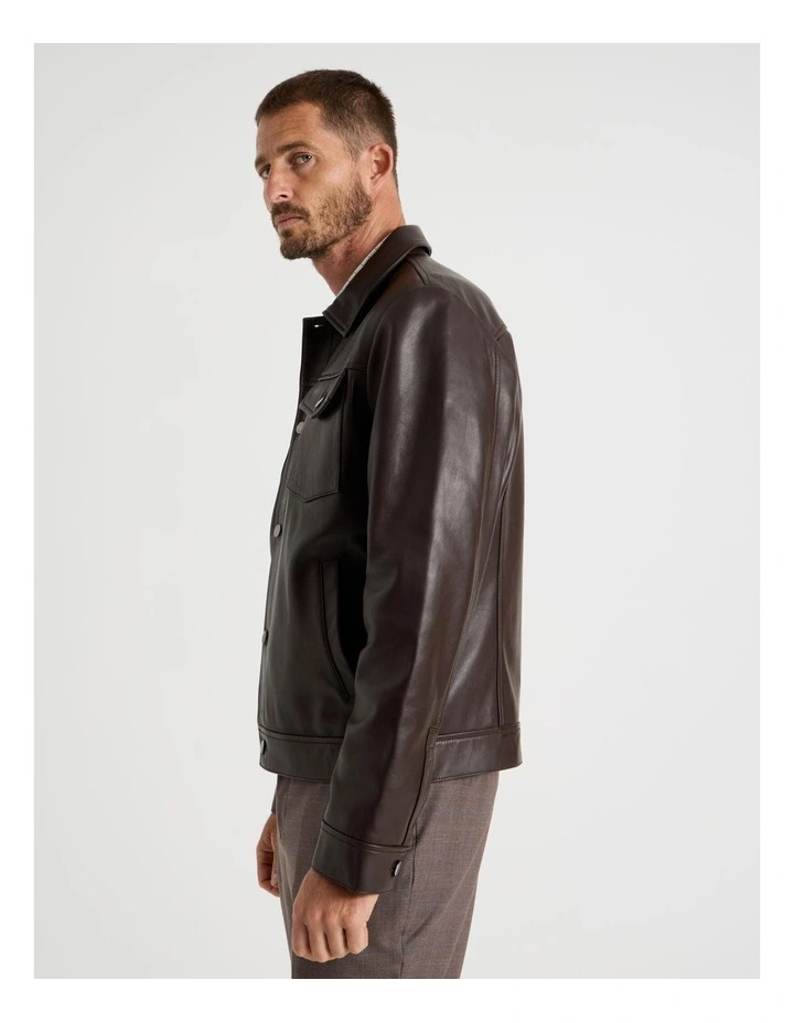Collared Leather Jacket in Brown image 5
