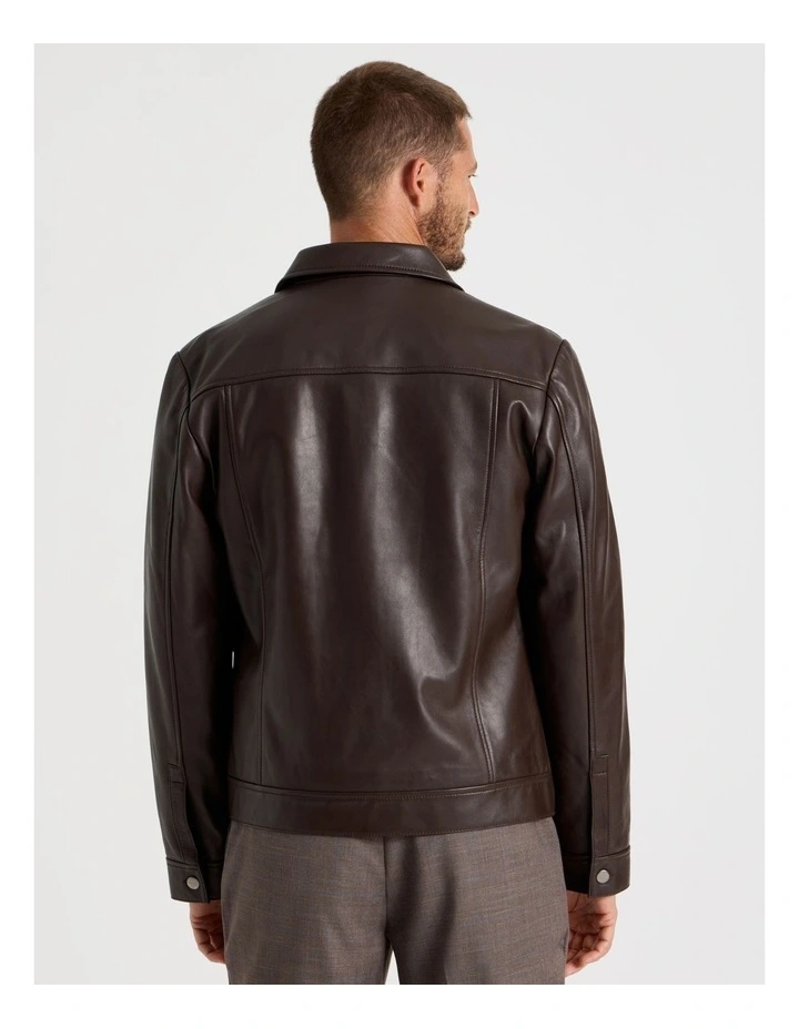 Collared Leather Jacket in Brown image 6