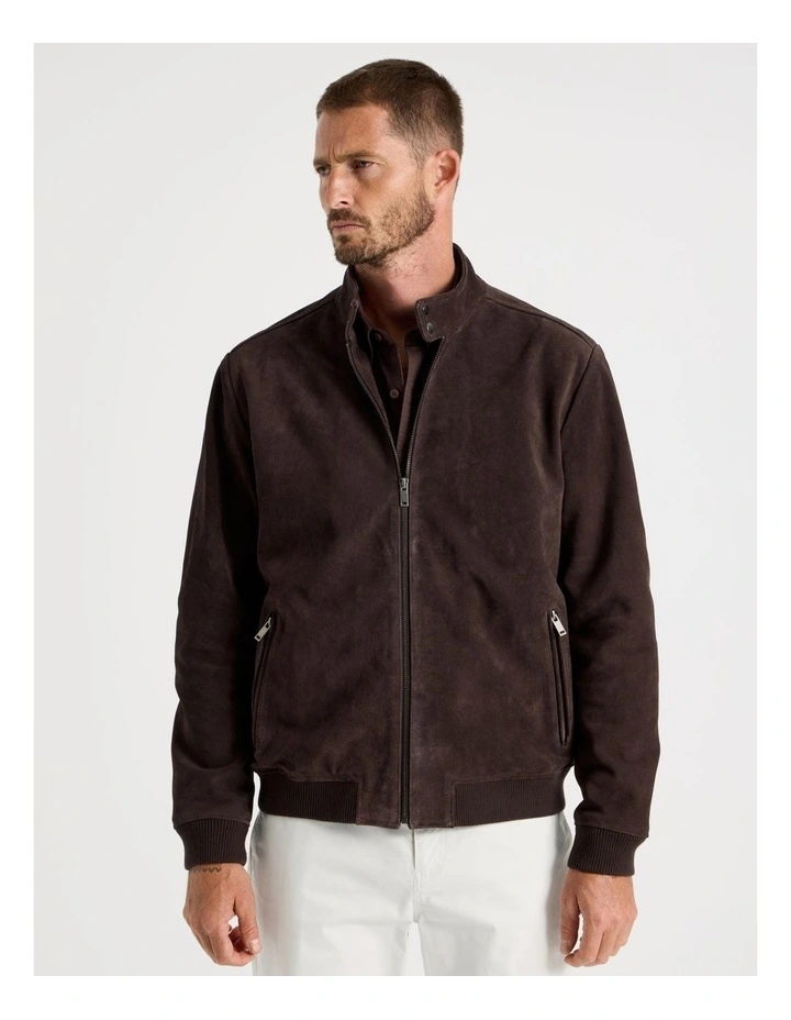 Full Zip Suede Bomber Jacket in Brown image 1