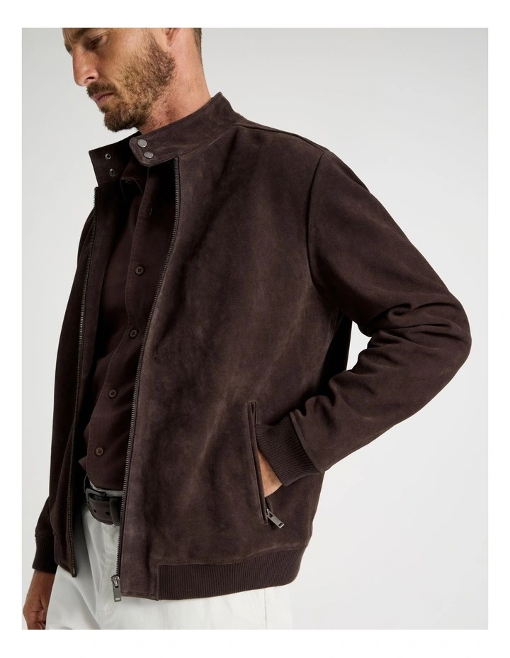 Full Zip Suede Bomber Jacket in Brown image 2