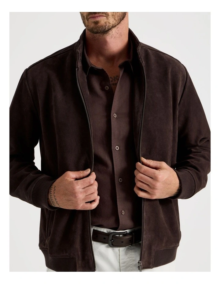 Full Zip Suede Bomber Jacket in Brown image 4