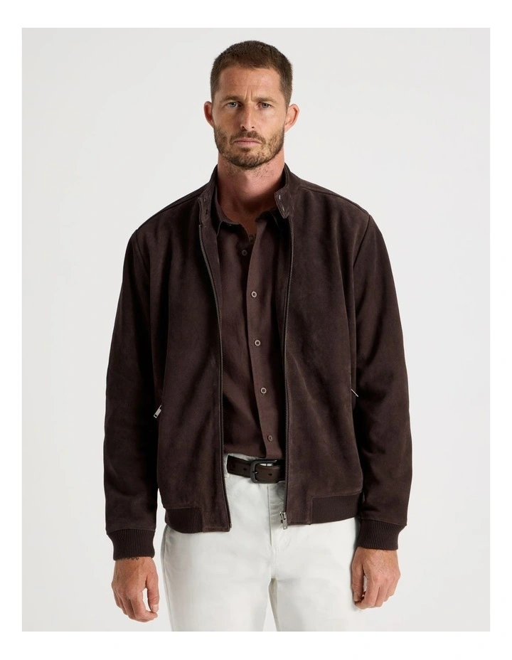Full Zip Suede Bomber Jacket in Brown image 5