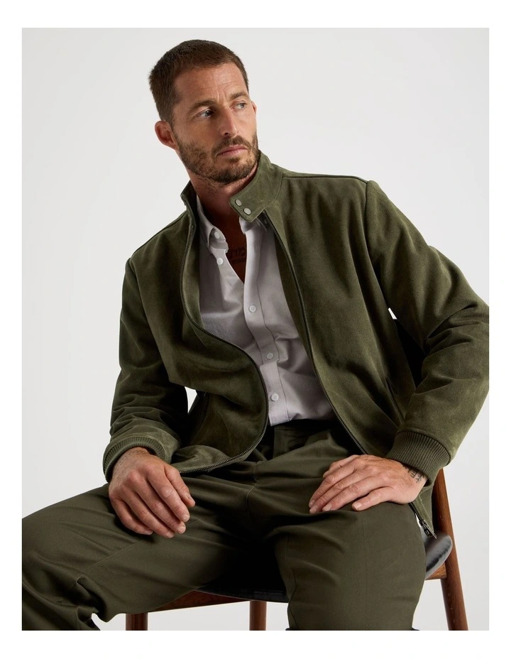 Full Zip Suede Bomber Jacket in Olive image 2